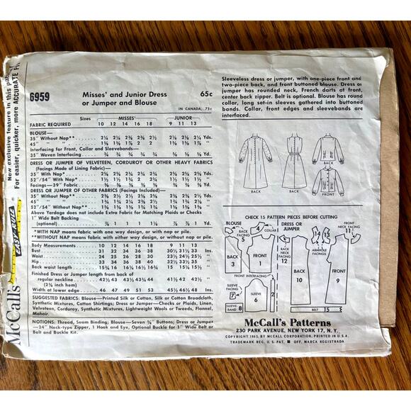 Vintage 1960s McCalls 6959 Sewing Pattern Sz XS 12 Knee Length Dress Jumper Top - Picture 2 of 2